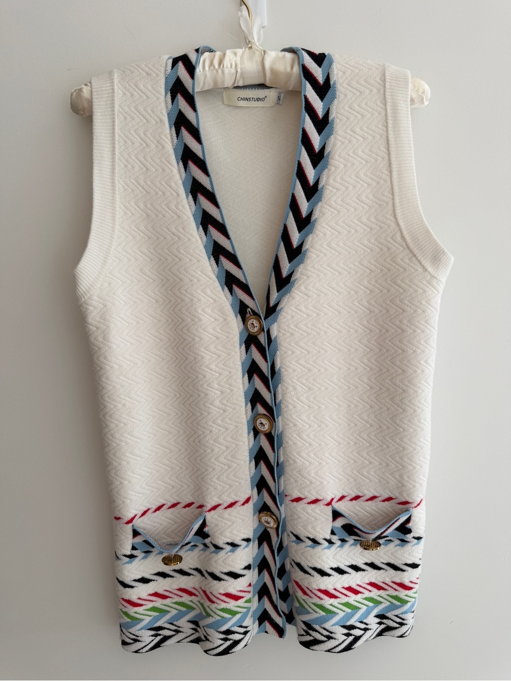 CHINSTUDIO Button Front Knit Vest Chevron Stripe Trim Preppy Nautical Nordic - Picture 3 of 17